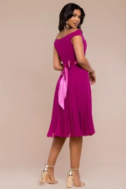 Cowl Neck Pleated A-Line Chiffon Midi Dress - Magenta by Goddiva