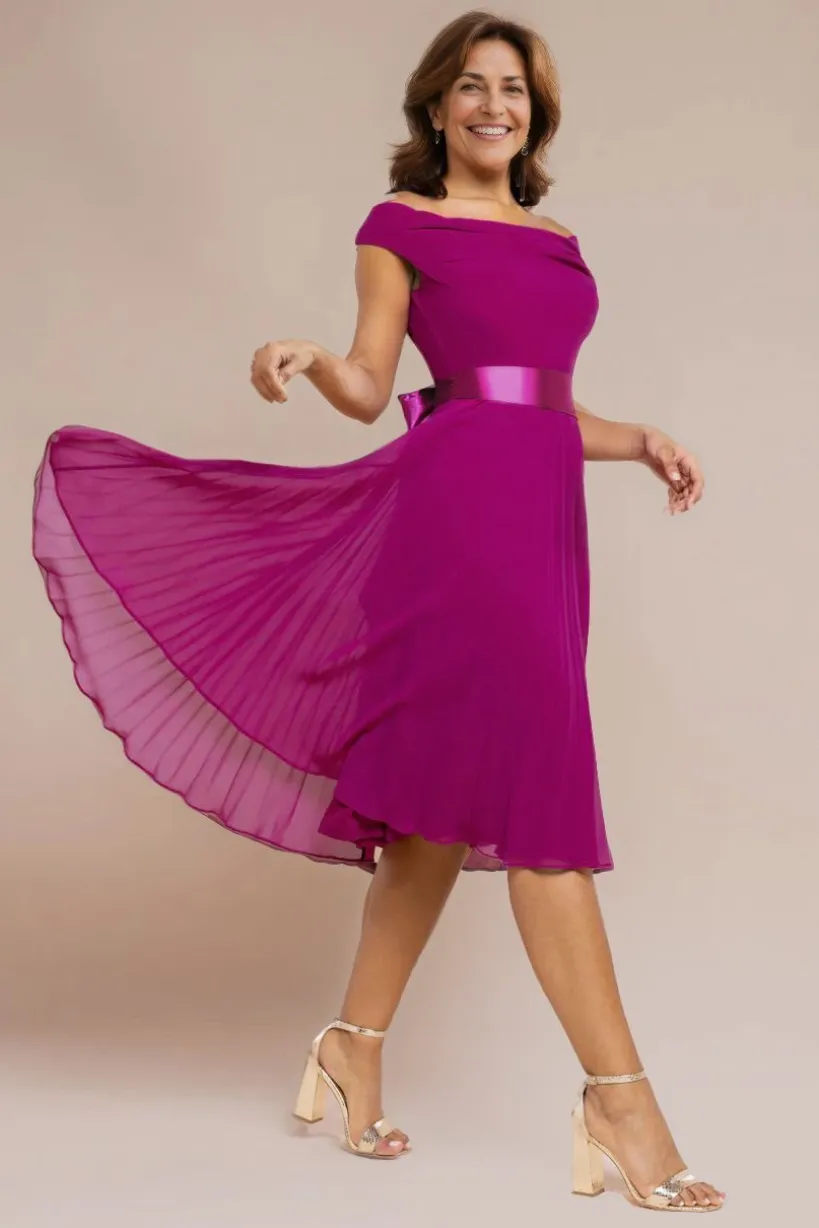 Cowl Neck Pleated A-Line Chiffon Midi Dress - Magenta by Goddiva