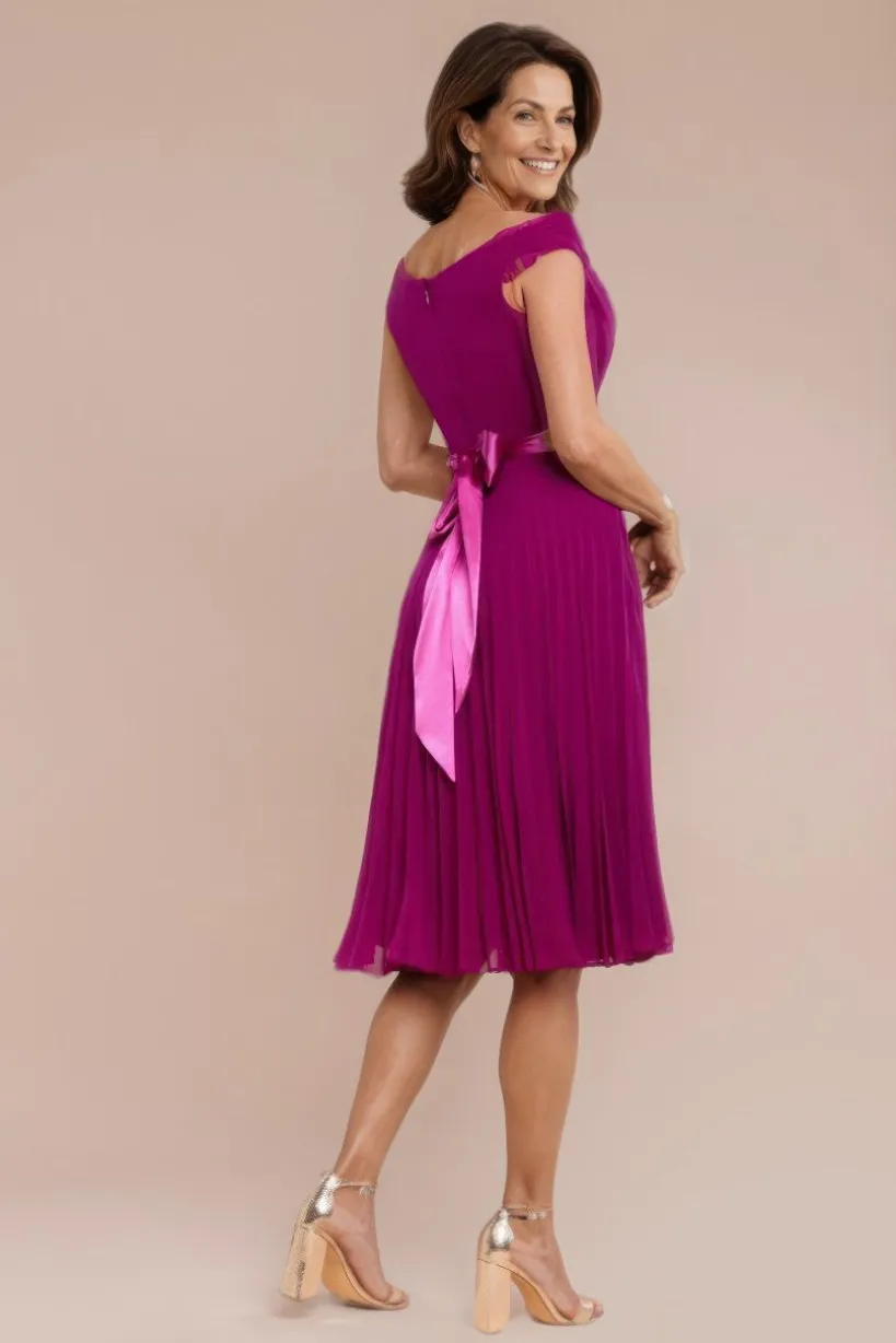 Cowl Neck Pleated A-Line Chiffon Midi Dress - Magenta by Goddiva