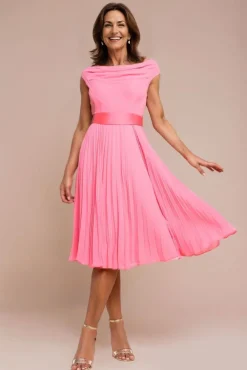 Cowl Neck Pleated A-Line Chiffon Midi Dress - Coral by Goddiva