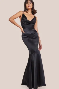 Cowl Neck With Strappy Back Satin Maxi - Black by Goddiva