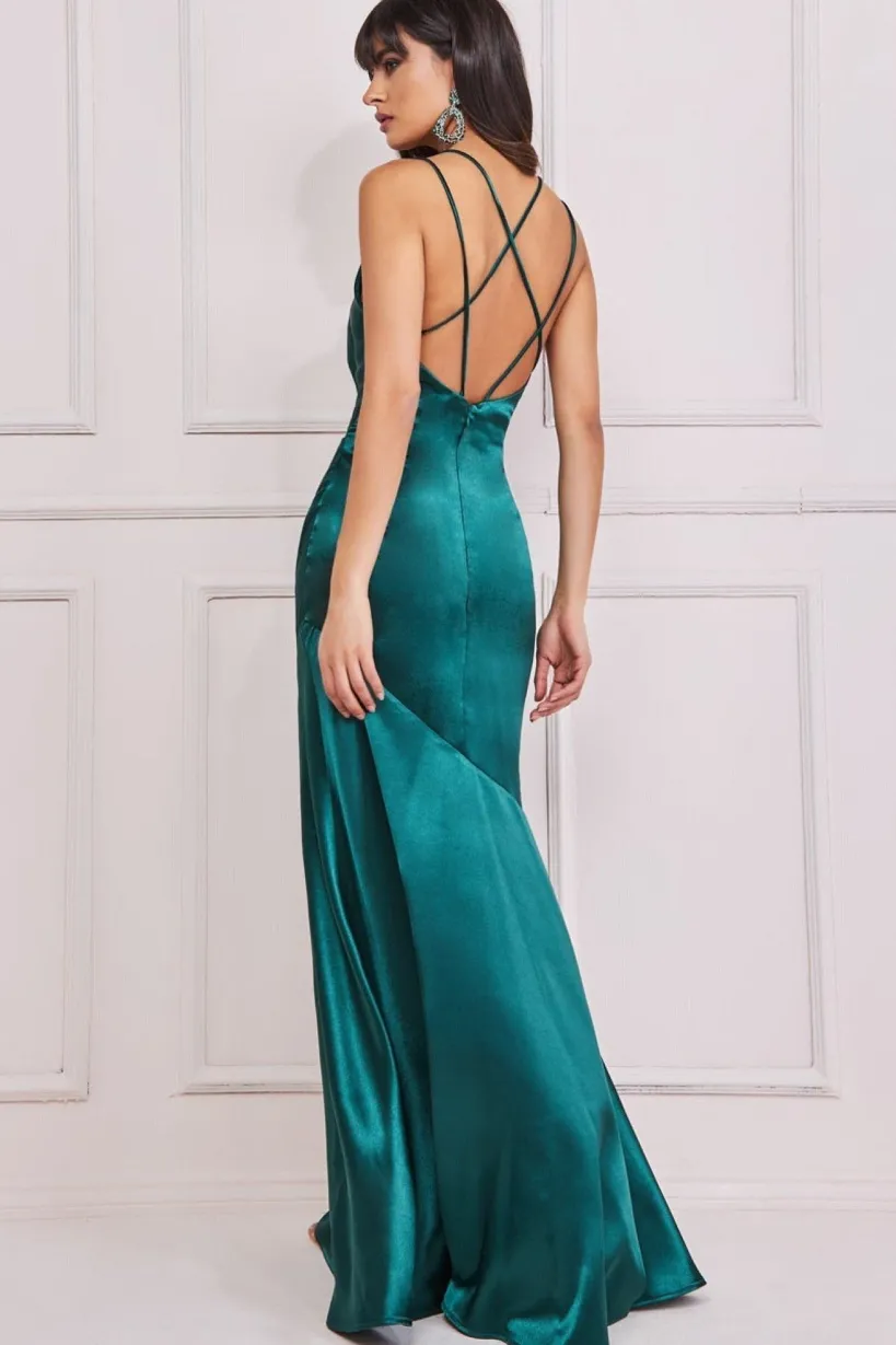 Cowl Neck With Strappy Back Satin Maxi - Emerald by Goddiva