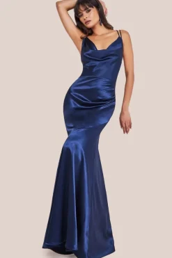 Cowl Neck With Strappy Back Satin Maxi - Navy by Goddiva