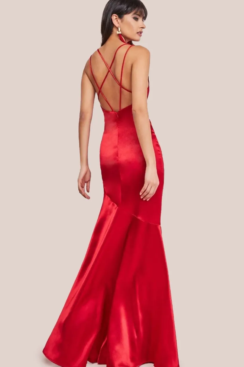 Cowl Neck With Strappy Back Satin Maxi - Red by Goddiva