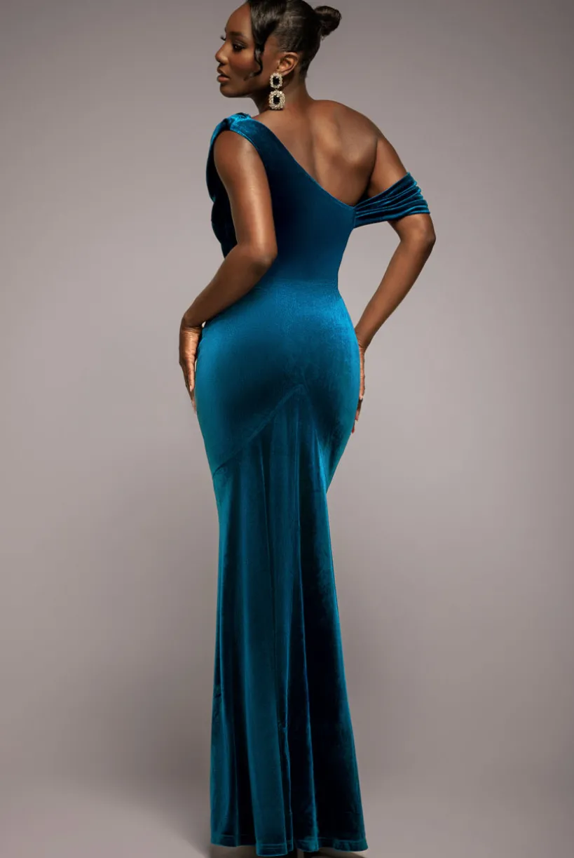 Cowl One Shoulder Velvet Maxi Dress - Teal by Goddiva