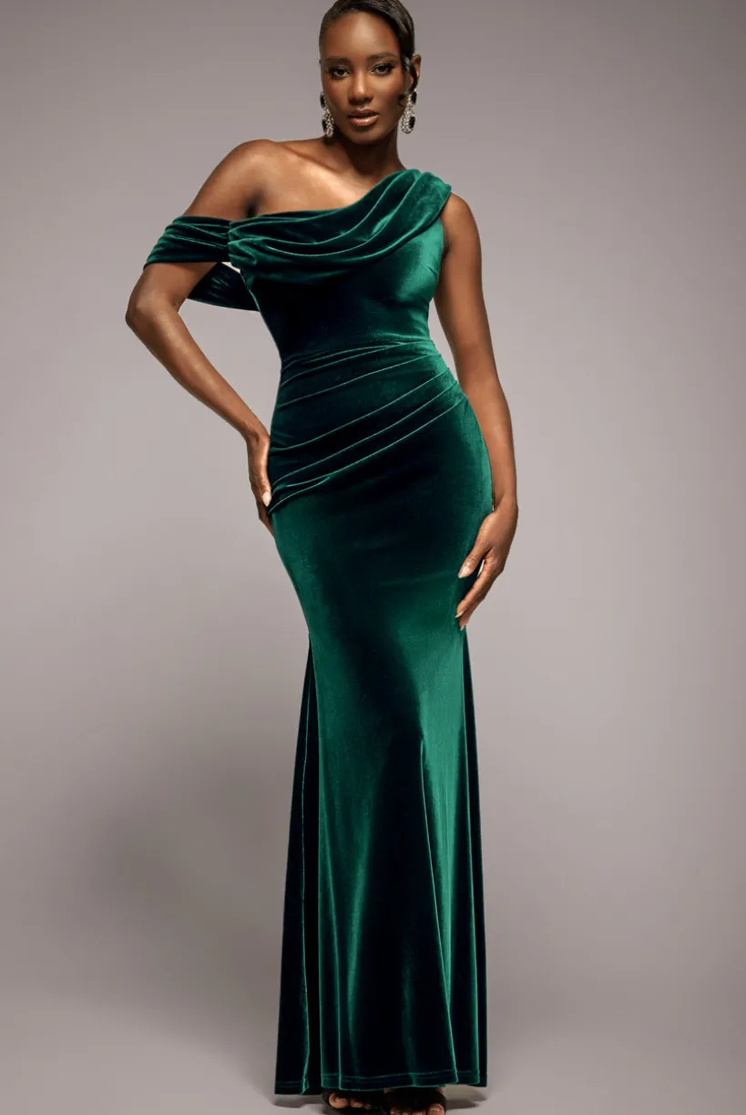 Cowl One Shoulder Velvet Maxi Dress - Emerald Green by Goddiva
