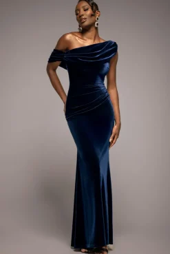 Cowl One Shoulder Velvet Maxi Dress - Navy Blue by Goddiva