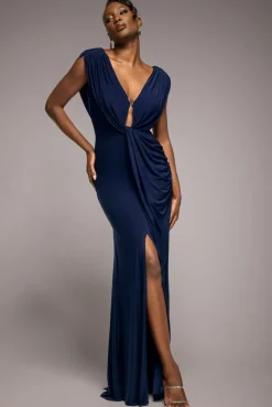 Cowl Plunge Draped Mermaid Maxi Dress - Navy Blue by Goddiva