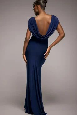Cowl Plunge Draped Mermaid Maxi Dress - Navy Blue by Goddiva