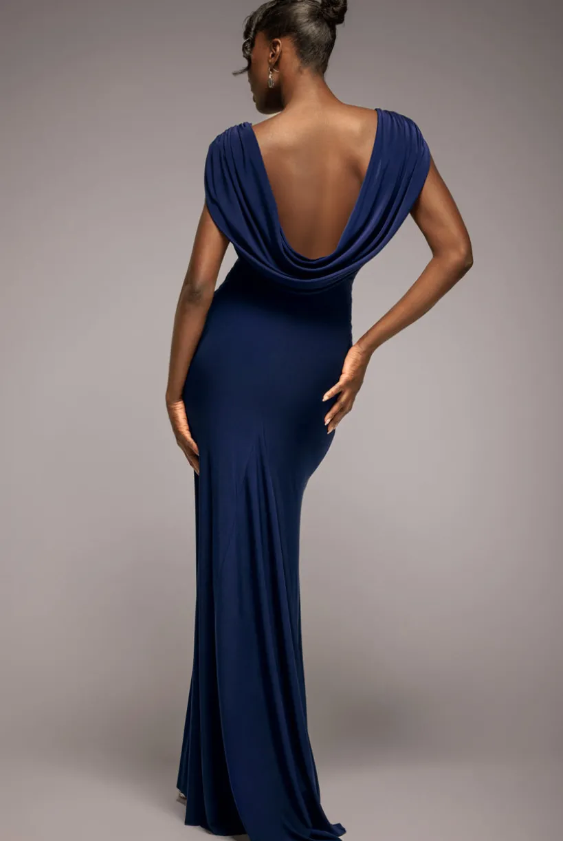 Cowl Plunge Draped Mermaid Maxi Dress - Navy Blue by Goddiva