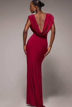 Cowl Plunge Draped Mermaid Maxi Dress - Wine by Goddiva