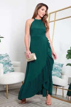 Crepe Halter Neck Wrap Front Frill Maxi Dress by Double Second