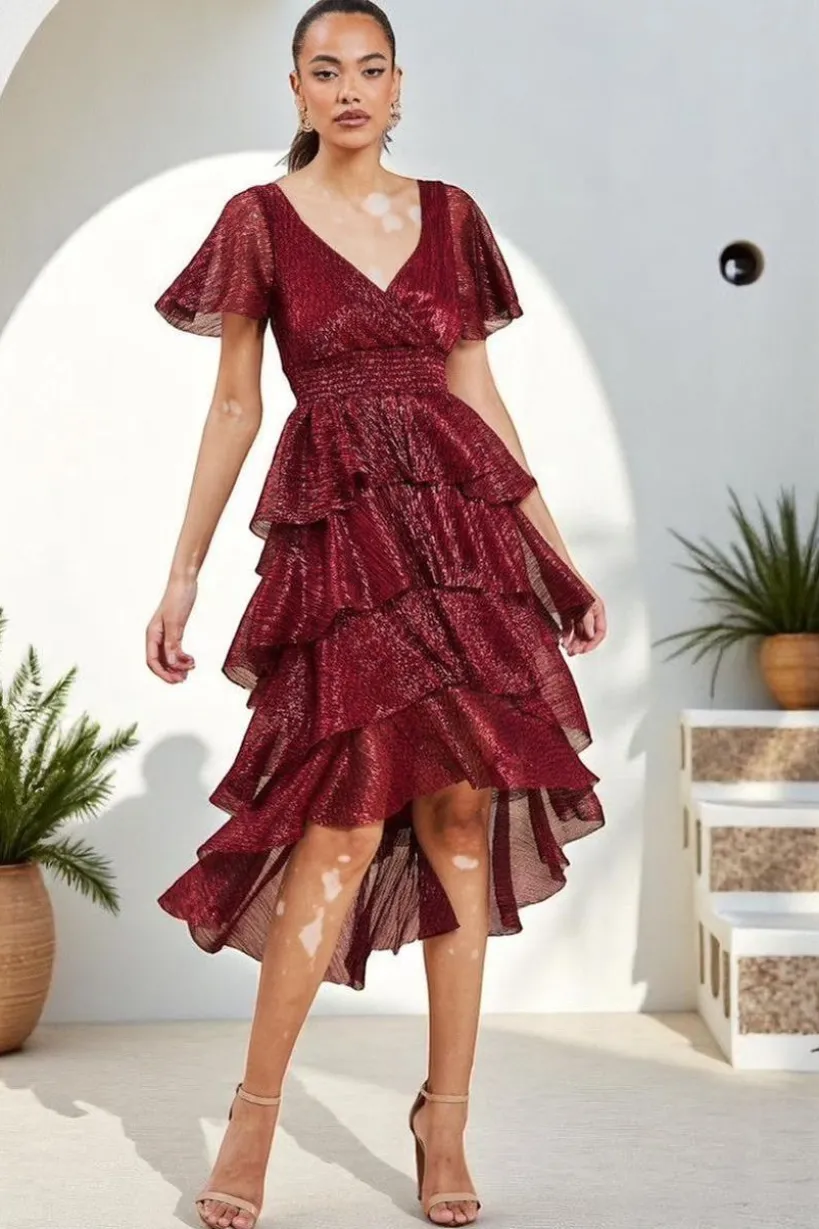 Crinkle Lurex High Low Layered Midi Dress - Wine by Goddiva