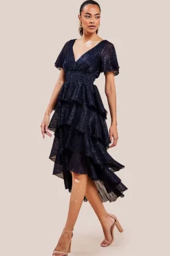 Crinkle Lurex High Low Layered Midi Dress - Navy by Goddiva