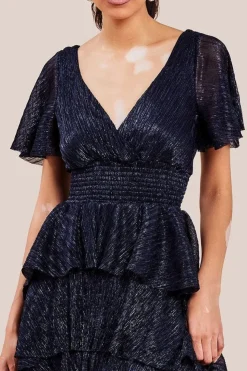 Crinkle Lurex High Low Layered Midi Dress - Navy by Goddiva