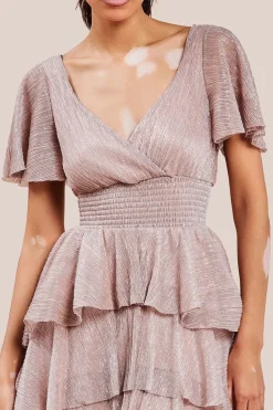 Crinkle Lurex High Low Layered Midi Dress - Blush by Goddiva