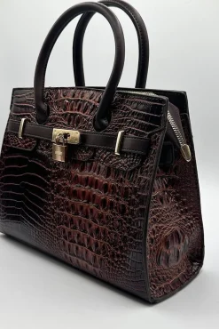 Croc Buckle Top Handle Bag In Brown by SVNX