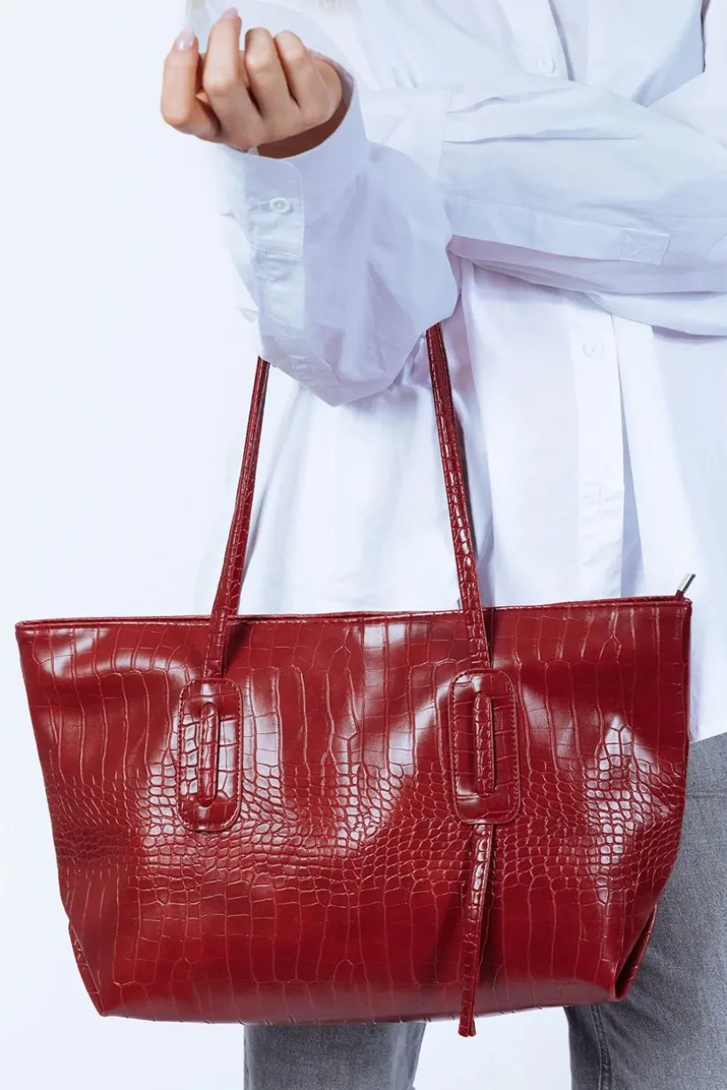 Croc Patent Tote Bag In Dark Red by SVNX