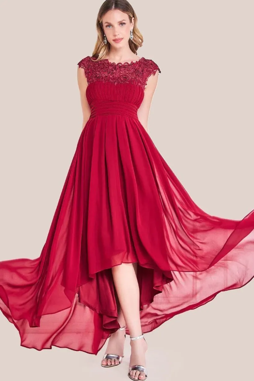 Crochet & Pleated Top High Low Maxi - Burgundy by Goddiva