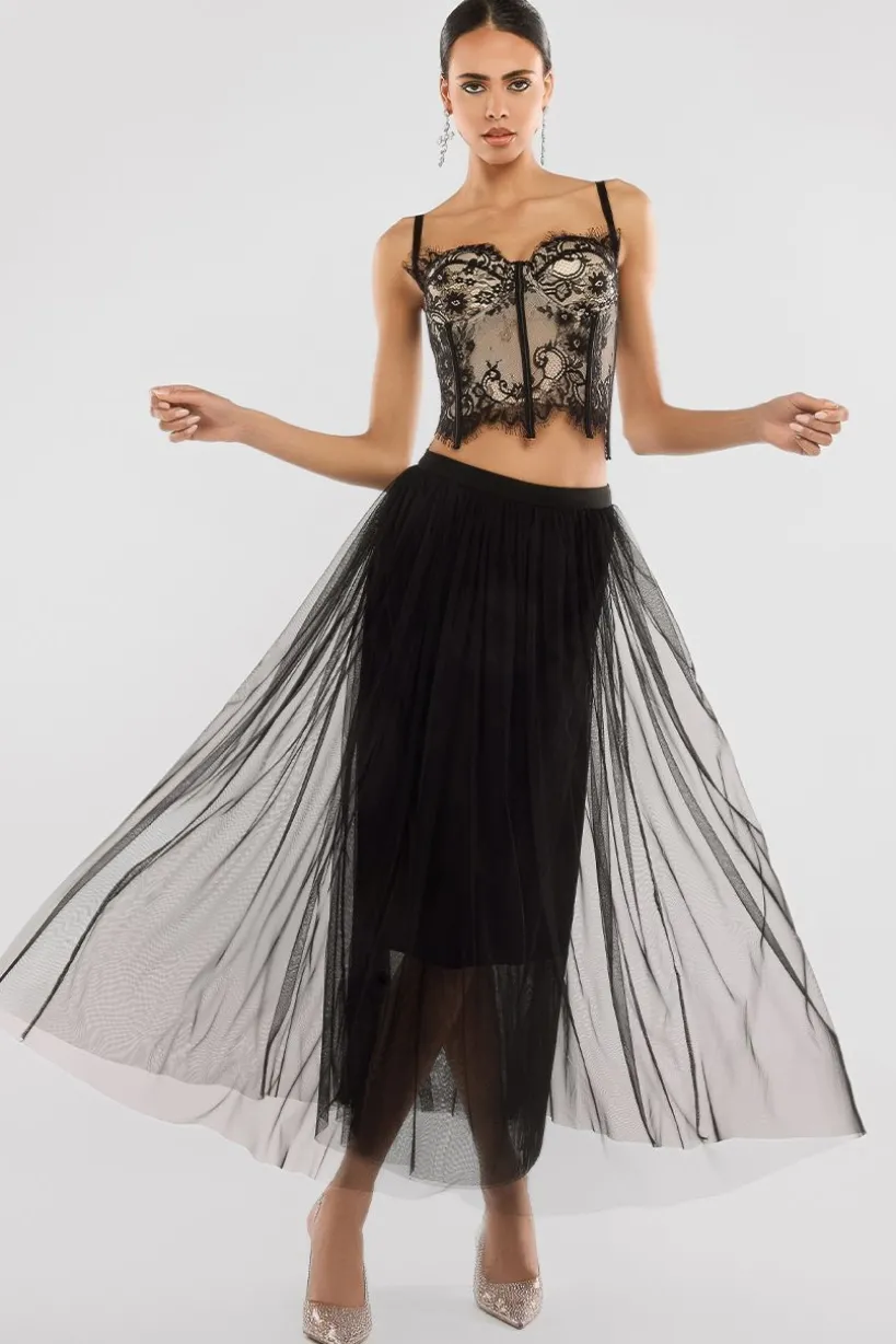 Cropped Lace Corset Tulle Gathered Midaxi Skirt With Embroidered Stretch Mesh Gloves & Jersey Scarf - Black by Goddiva