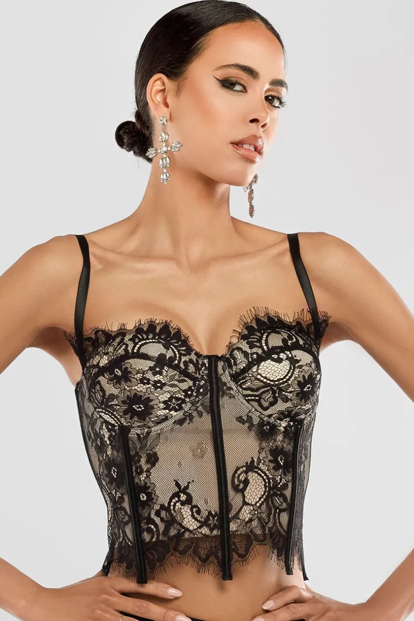 Cropped Lace Corset Tulle Gathered Midaxi Skirt With Embroidered Stretch Mesh Gloves & Jersey Scarf - Black by Goddiva