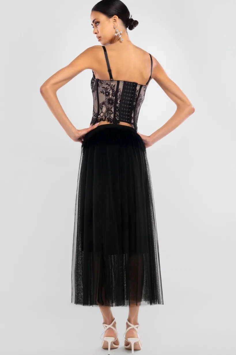 Cropped Lace Corset Tulle Gathered Midaxi Skirt With Embroidered Stretch Mesh Gloves & Jersey Scarf - Black by Goddiva