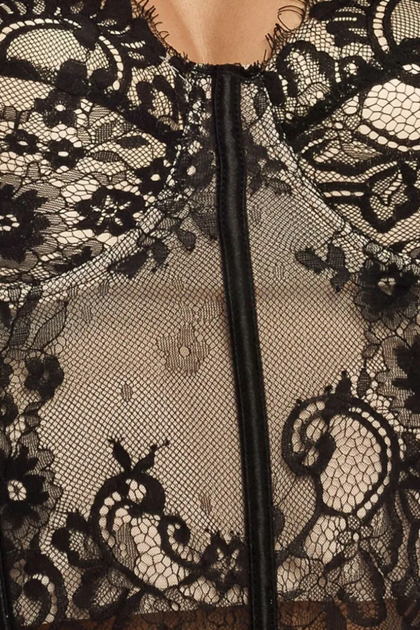 Cropped Lace Corset Tulle Gathered Midaxi Skirt With Embroidered Stretch Mesh Gloves & Jersey Scarf - Black by Goddiva