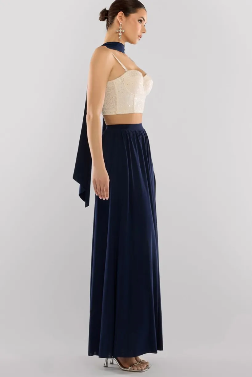 Cropped Sleeveless Sequin Corset Side Split Jersey Maxi Skirt With Jersey Scarf - Cream & Navy by Goddiva