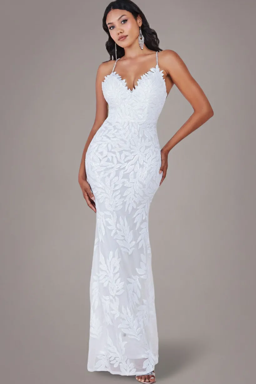 Cross Back Diamante Strap Sequin Maxi - White by Goddiva