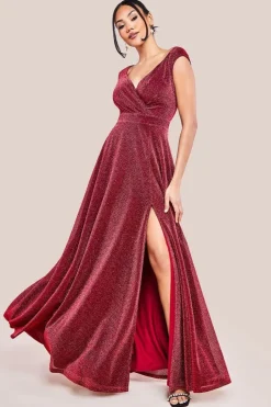 Crossover Lurex Glitter Maxi Dress - Wine by Goddiva