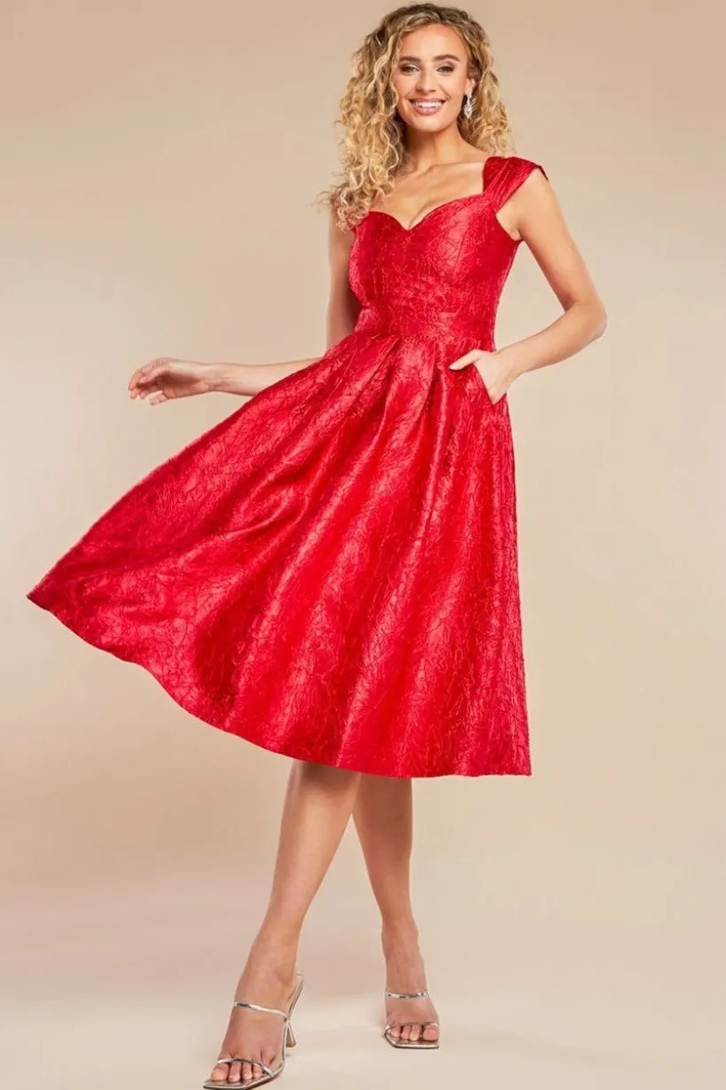 Crushed Satin Sleeveless A Line Midi Dress - Red by Goddiva