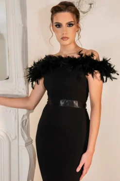 Crystal Fishtail Bardot Feather Trim Dress by Saint A