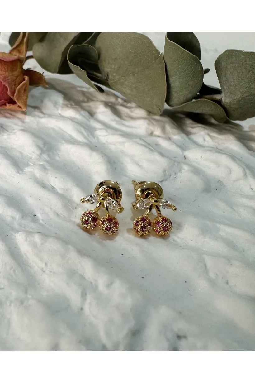 Cubic Zirconia Cherry Earring In Gold by Last True Angel
