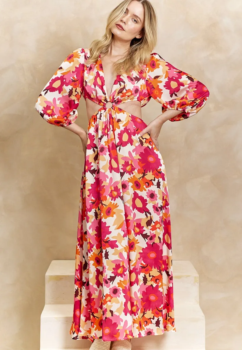 Cut Out Long Sleeve Maxi Dress In Pink Floral Print by Angeleye