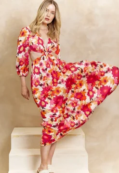 Cut Out Long Sleeve Maxi Dress In Pink Floral Print by Angeleye