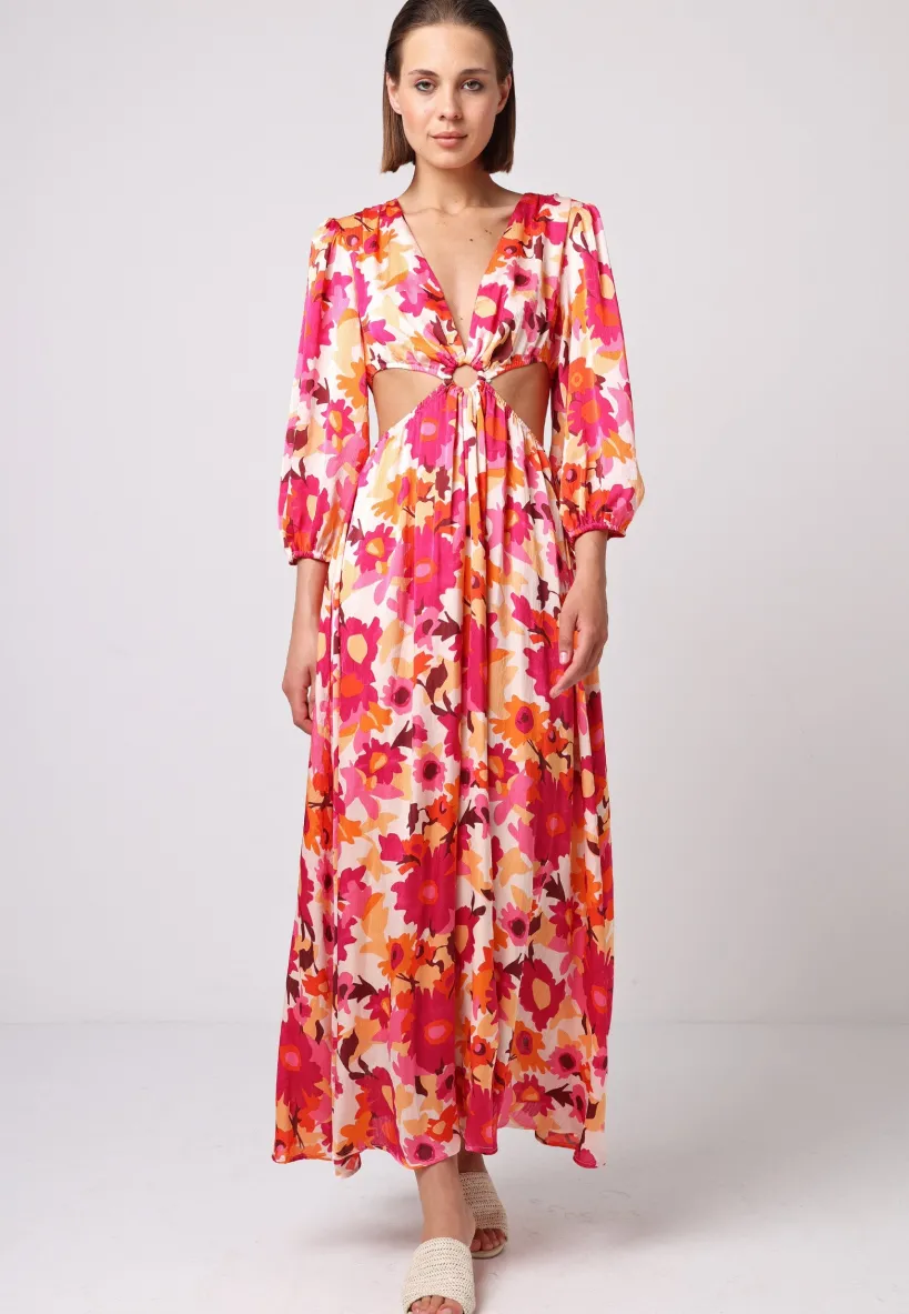Cut Out Long Sleeve Maxi Dress In Pink Floral Print by Angeleye