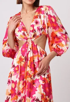 Cut Out Long Sleeve Maxi Dress In Pink Floral Print by Angeleye