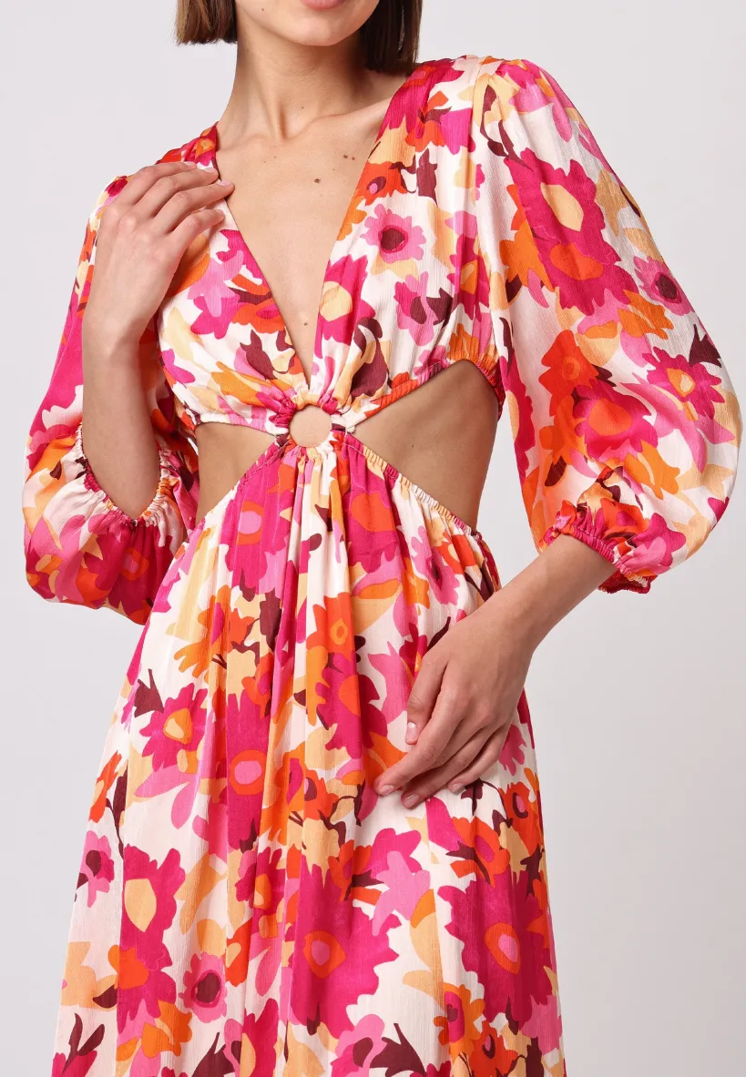 Cut Out Long Sleeve Maxi Dress In Pink Floral Print by Angeleye