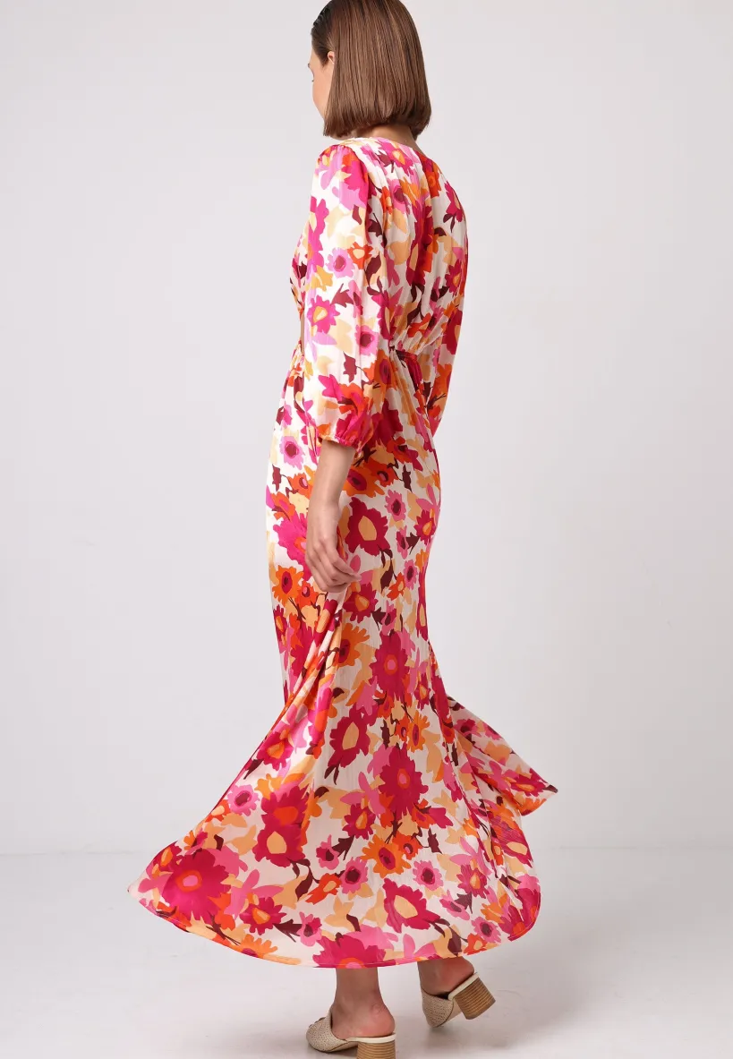 Cut Out Long Sleeve Maxi Dress In Pink Floral Print by Angeleye