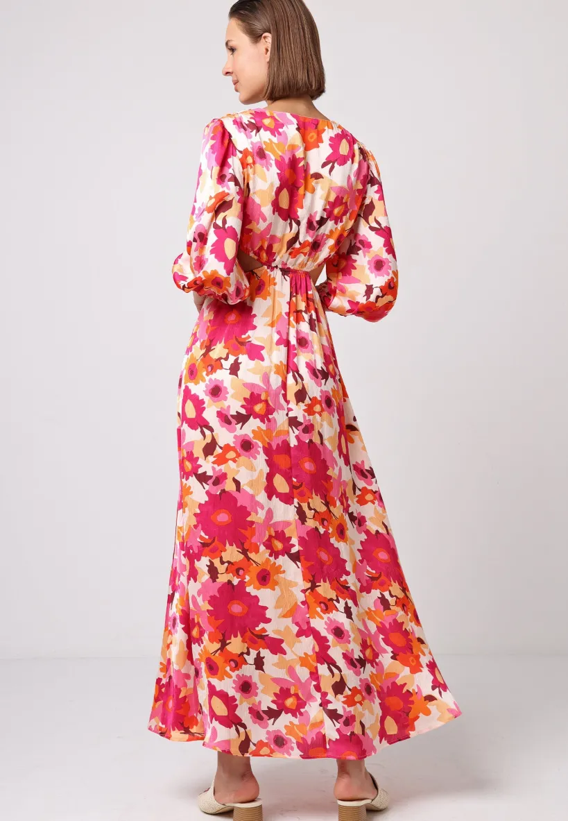 Cut Out Long Sleeve Maxi Dress In Pink Floral Print by Angeleye