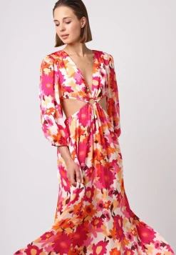 Cut Out Long Sleeve Maxi Dress In Pink Floral Print by Angeleye