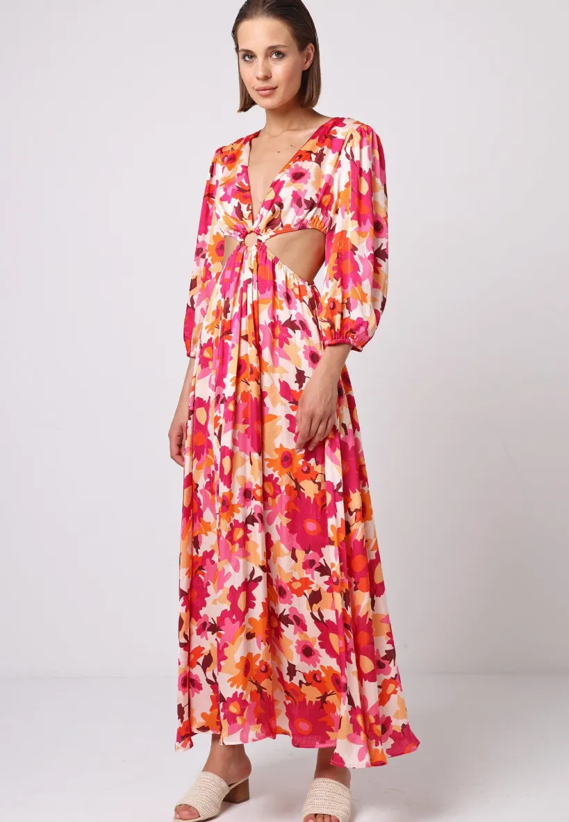 Cut Out Long Sleeve Maxi Dress In Pink Floral Print by Angeleye