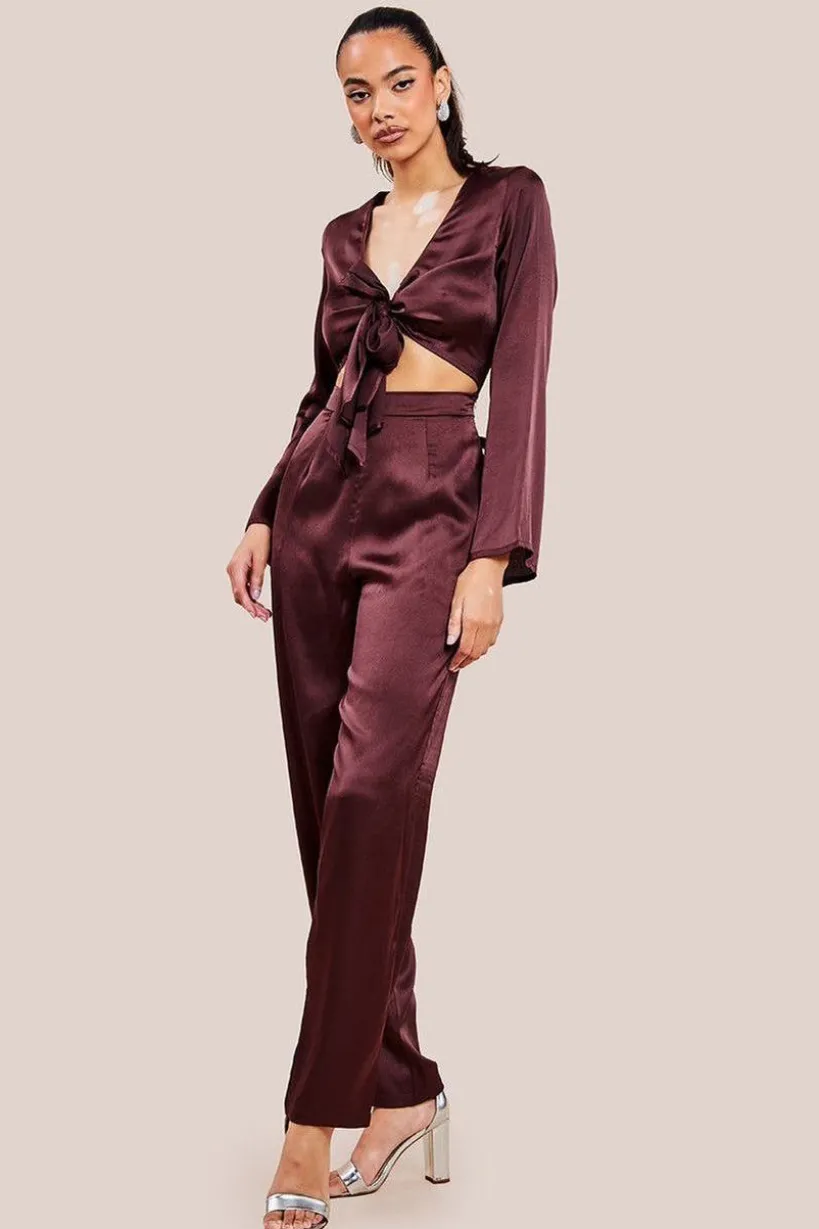 Cut Out Satin Jumpsuit - Brown by Goddiva