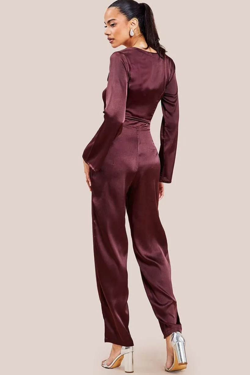 Cut Out Satin Jumpsuit - Brown by Goddiva