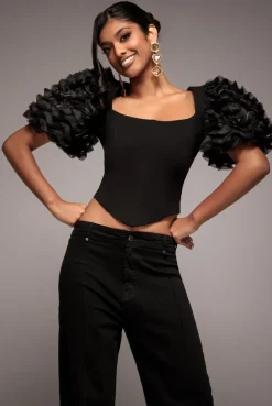 3D Textured Sleeve Scuba Corset Top - Black by Goddiva