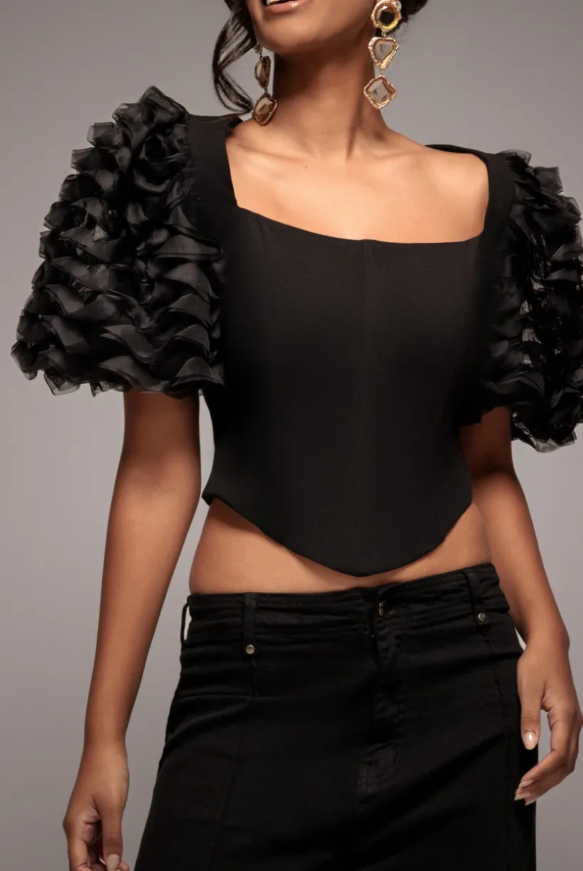 3D Textured Sleeve Scuba Corset Top - Black by Goddiva