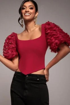 3D Textured Sleeve Scuba Corset Top - Burgundy by Goddiva