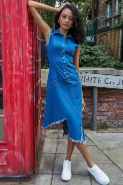 Denim Frayed Asymmetric Sleeveless Midaxi Shirt Dress - Blue Denim by Goddiva