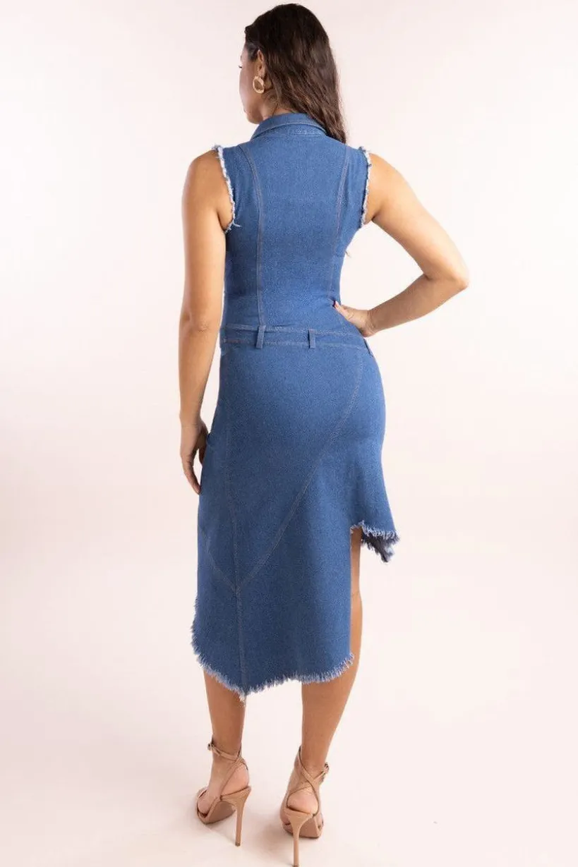 Denim Frayed Asymmetric Sleeveless Midaxi Shirt Dress - Blue Denim by Goddiva