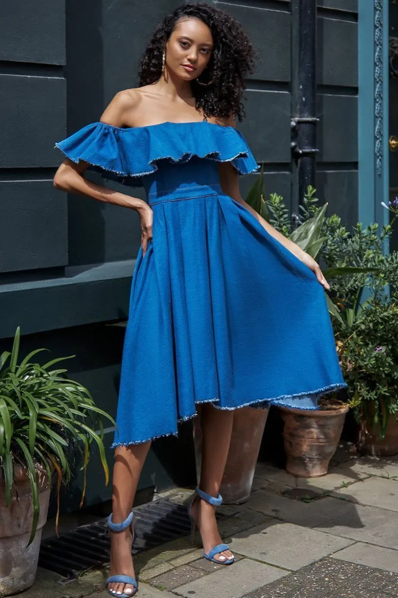 Denim Frilled Bardot High Low Dress - Blue Denim by Goddiva